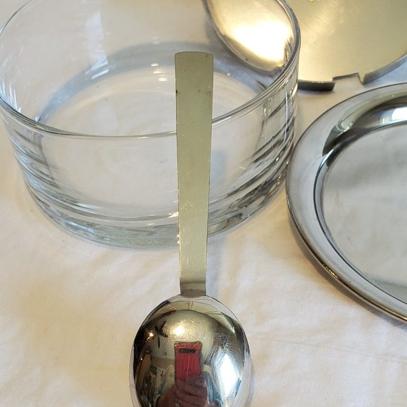 VTG Blown Glass Condiment/Sauce Bowl Metal Lid Spoon Underplate Shell Knob Italy - Picture 11 of 16